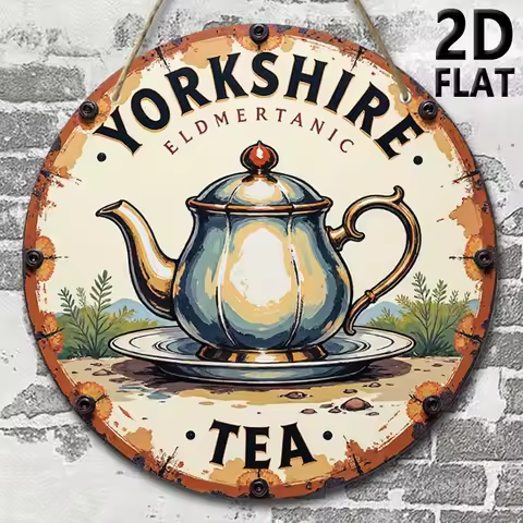 2D Flat, Vintage Yorkshire Tea-Themed Wooden Wall Sign - 19.99cm Round Recycled Wood Hanging Plaque 