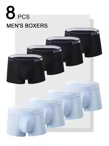 8-Piece Men's Boxers Set | Black & Light Blue Minimalist Color-Block, Breathable & Skin-Friendly Lik