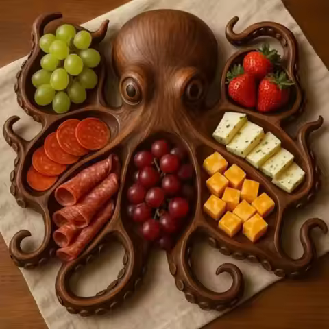 Wooden Octopus Serving Tray Unique Tray Decoration Octopus Food Platter Novelty Partition Octopus Ch