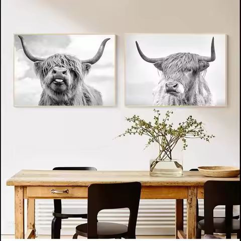Black and White Yak Highland Cow Canvas Painting Poster Prints Wall Art for Living Room Decor