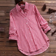 FSF  Kemeja Wanita Lengan Panjang Casual Oversize Kotak merah putih hitam 1 cm Baju Atasan Perempuan