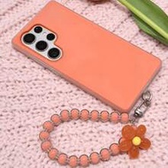 1pc Orange Floral Macaron Phone Case With Lanyard, Shockproof Silicone Case For Samsung Galaxy S25, 