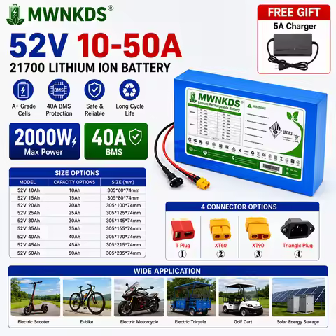 Rechargeable Battery Lithium Battery 21700 52V 10Ah 15Ah 20Ah 25Ah 30Ah 35Ah 40Ah 45Ah 50Ah 2000W El