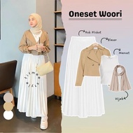 Isharaproject - Woori Oneset Wanita 4in1 ( Atasan Blazer Crop Katun + Inner Manset Rib Knit + Bawaha