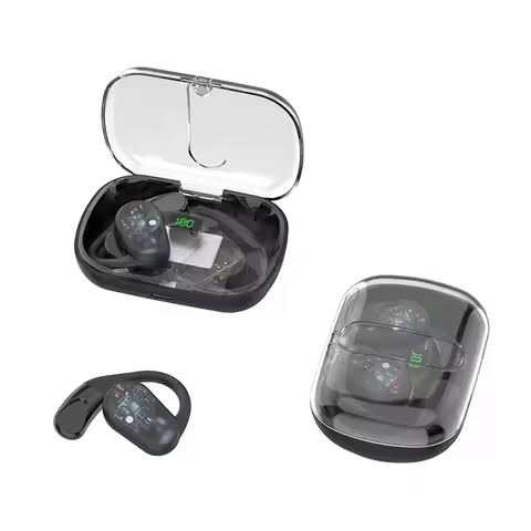 OWS80 Ultra-Cool Bluetooth Earbuds - Futuristic Open-Ear Design RGB Light Effects Transparent Tech D