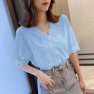 Shirt Women's Shirt Design Niche Mid-Sleeved Top Three-Quarter Sleeve Loose Korean Version t-Shirt Lace Stitching Chiffon Shirt ins