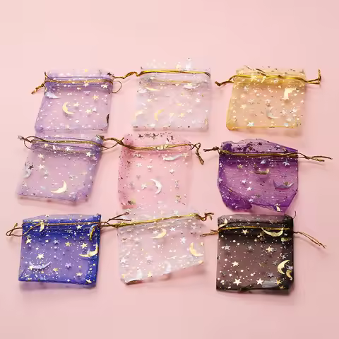 50pcs Multiple-sizes Printing Star Moon Christmas Organza Sack Drawstring Charm for Jewelry Gifts Di