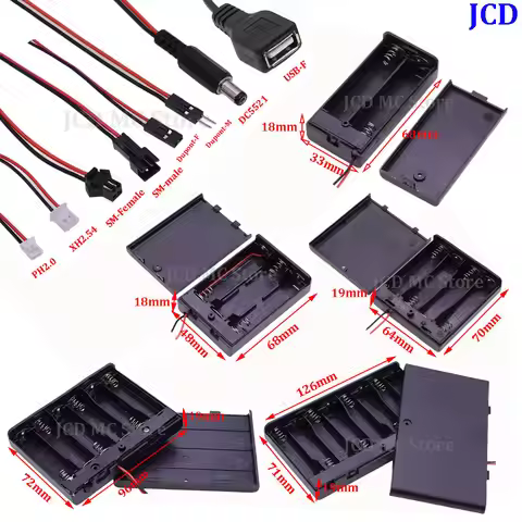 AA Battery Holder Storage Case Box PH2.0/XH2.54/SM/DuPont /DC/USB Plug With Switch & Cover for AA 18