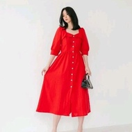 Midi Dress Wanita Natal Imlek Merah Hijau Putih Busui Friendly