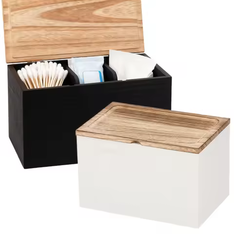 Wood Tampon Holder Sanitary Napkin Storage Bin with Lid and 2 Removable Dividers Feminine Product Or