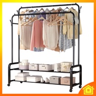 Double Pole Garment Rack Hanging Clothes Cloth Hanger Stand Wheel Rak Baju Besi Gantung Almari Baju 