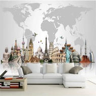 3D World Map Famous Architectural Landmark Building Mural Wallpaper for Living Room Sofa TV Backgrou