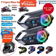 Y12ro Bluetooth 5.4 Motorcycle Headset 500M Helmet Intercom Wireless IPX6 Waterproof Noise Canceling