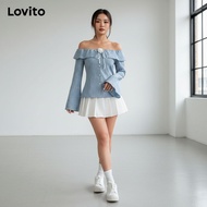 Lovito Blaus Kasual Corak Berjalur Kancing Ruffle untuk Wanita L61AD024 (Multi-warna)