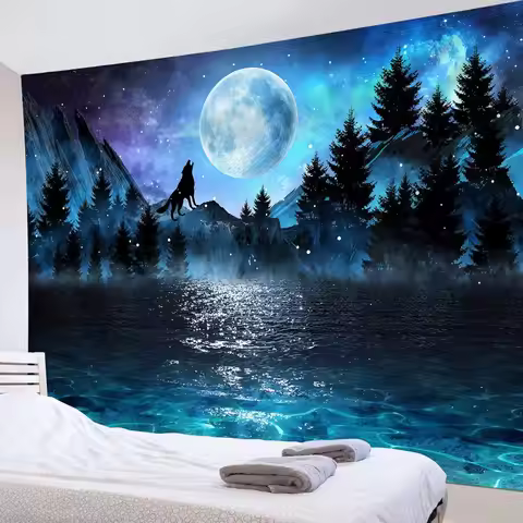 Large Moon Over Ocean Tapestry Wall Hanging Galaxy Wolf on Mountain Extra Large Wall Tapestry Fantas