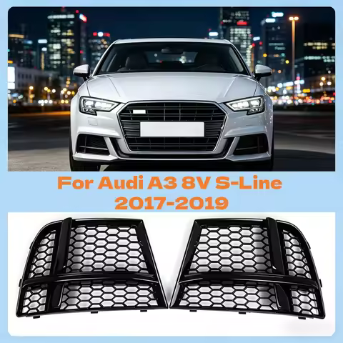 Glossy Black For Audi A3 8V S-Line 2017-2019 Pair Car Honeycomb Fog Light Grille Front Lower Bumper 