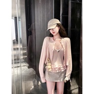 Long Sleeve Cardigan Set + Pink Crochet Tank Top - 1994 STORE