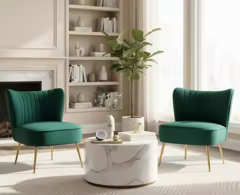 Set of 2 Green Velvet Accent Chairs, Mid-Century Modern Upholstered Slipper Chairs with Legs for Liv