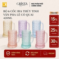 SET OF 6 CRYSTAL TEXTURED GLASS BEER CUP WITH HANDLE - BEER DRINKING CUP - HIGH QUALITY GLASS 420ML 