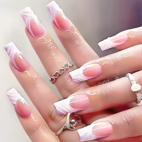 24Pcs Long Square Head Nails Set Press on Nail Drip Resin White French False Nails Removable Fake Na