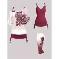 Plus Size 3-Piece Gothic Set | Batwing Sleeve Camisole And Asymmetric Skirt | Butterfly Ombre Print 