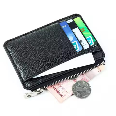 Casual Classic Men'S Wallet Solid Color Textured Pu Zipper Card Holder Mini Slim Wallet For Boyfrien
