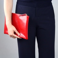 Special Offer Cowhide Leather Clutch Bag Fashion Minimalistic Women's Bag Golden Zipper Linen Lining Black and Big Red