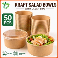 50pcs Kraft Paper Food Bowl Biodegradable Disposable Salad Bowl With Plastic Lid 500/750/1000/1300ML