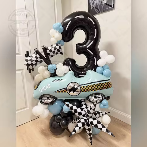 84pcs Racing Car Theme Tire Car Foil Balloon Set Checkered Flag 1-9st Years Old Boys Birthday Party 