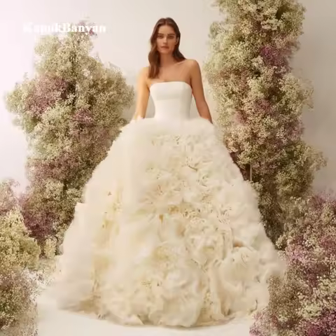 Luxury Tiered Ruffle Ball Gown Wedding Dress Strapless Dubai Bridal Party Dresses Sleeveless Formal 