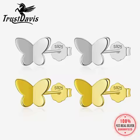TrustDavis Real 925 Sterling Silver Fashion Sweet Insect Butterfly Charm Stud Earrings For Women Wed