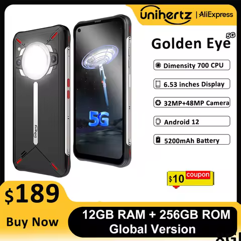 Unihertz Golden Eye 5g Ultra Slim Rugged Smartphone Camping Light 8GB 256GB 64MP Camera Cell Phone, 