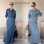 #G7011 M-2XL Set เสื้อเชิ้ตยีนส์ปักดอกไม้เพชร + กระโปรงยีนส์ยาว ชุดทำงานผู้หญิง ชุดออกงาน ชุดไปงาน เ