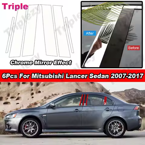 6Pcs Glossy Chrome Exterior PC Material BC Pillar Post Cover Side Door Trim Window Sticker For Mitsu