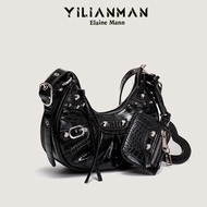 [ibeautyt.my] Women's Biker Underarm Bag 3-in-1 Rivet Tassel Pleated Shoulder Crossbody Beg Wanita