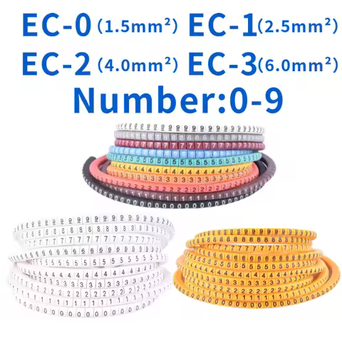 500PCS EC-0/1/2/3 Cable Wire Marker 0 to 9 For Cable Size 1.5/2.5/4.0/6.0 sqmm Colored number tube C