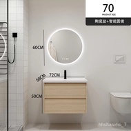 ‍🚢Solid Wood Bathroom Cabinet Combination Ceramic Whole Washbin Modern Bathroom Smart Ambience Light round Mirror Cabine