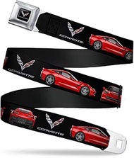 'Buckle-Down Seatbelt Belt - C7 Logo/Red C7 Side/Front/Rear Views Black - 1.0'' Wide - 20-36 Inches 