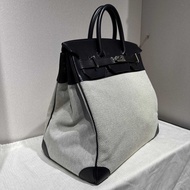 HERMES愛馬仕 HAC40 黑銀帆布包 華夫格紋