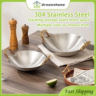 304 Stainless Steel Wok (Kuali): 24-45cm Non Stick Plain Wok with Lid Cover & Golden Handle for Gas 