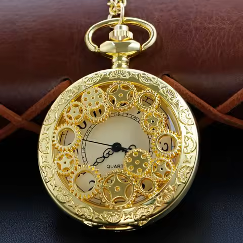 Luxury Gold Time Gear Embossed Necklace Quartz Pocket Watch Steam Punk Old Fashion Necklace Timing P