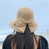 草帽女春夏出游蝴蝶结大檐沙滩帽韩版时尚太阳帽遮阳帽子Straw hat women's spring and summer travel bow beave beach hatyanzi