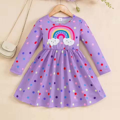 4-7 Year Children Girls Spring Autumn Dress Rainbow Polka Dot Long sleeves Dress Girl Fashionable Cl
