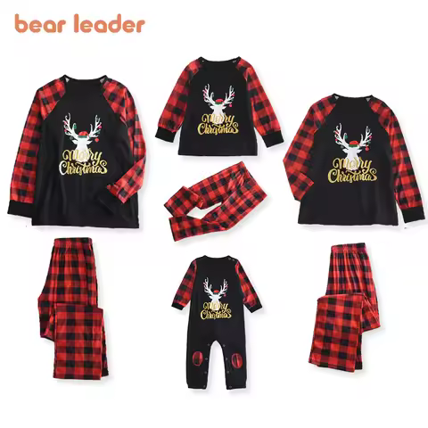 Bear Leader Christmas Father Mother Kids Clothes Top+Pants Family Matching Outfit Lattice Xmas Sleep