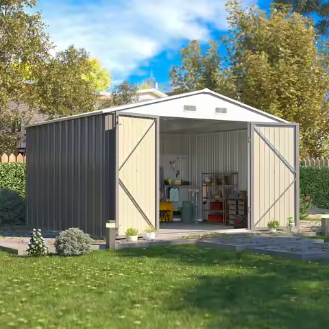 10x8 FT Outdoor Metal Storage Shed Waterproof Garden Tool Shed with Lockable Door And Sloping Roof C