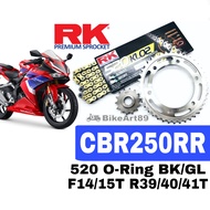 RK Sprocket Set Honda CBR250RR NEW RK520 KLO2 O-Ring Rivet Black / Gold Chain Rantai Hitam Emas CBR 250 RR RK 520 ORing