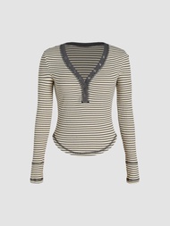 Cider Cider KPOP Stripe V-neck Long Sleeve Top เสื้อแขนยาวผู้หญิง เสื้อแฟชั่นผญ ลายทาง ลุคสตรีท