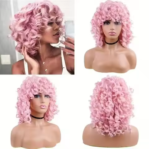 12inch Short Loose Curly Wigs Big Curly Wig With Bangs Afro Wig for Women Fluffy Curly Pink Syntheti
