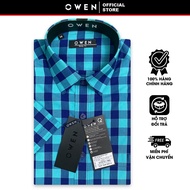 OWEN SALE - Áo Sơ Mi Owen Tay Ngắn Màu Xanh Lá- Navy  Họa Tiết Caro Form Body Fit Lai Ngang Chính Hã