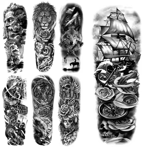 Full Sleeve Temporary Tattoos For Men Women Realistic Pirate Ship Wolf Tiger Skull Rose Flower Fake 